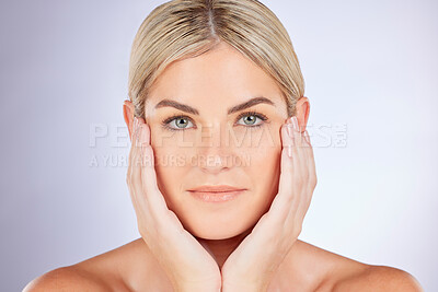 Buy stock photo Beauty, studio portrait or woman touch facial results, natural skincare glow or luxury cosmetic treatment. Satisfaction, foundation or person with self love, care or makeup on white background