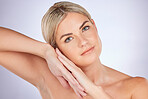 Beauty, health and portrait of young woman in studio with natural, cosmetic and wellness routine. Skincare, self care and female model with facial hygiene dermatology treatment by a gray background.