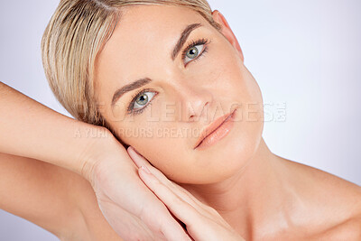 Buy stock photo Skincare, beauty and portrait of woman in studio with natural, health and wellness face routine. Cosmetic, self care and female model from Canada with facial dermatology treatment by gray background.