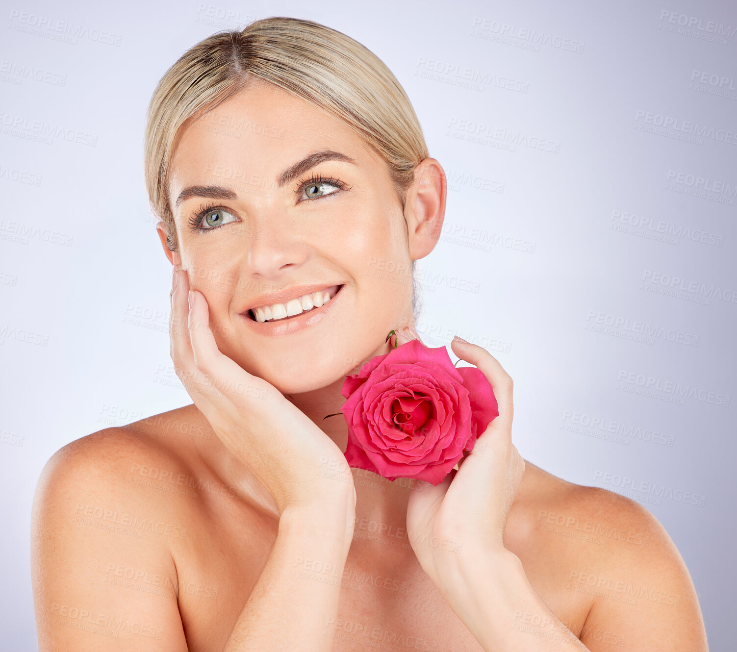 Buy stock photo Skincare face, studio flower or happy woman with eco friendly product, organic beauty or natural cosmetics. Floral, sustainable dermatology or makeup person with self love rose on white background