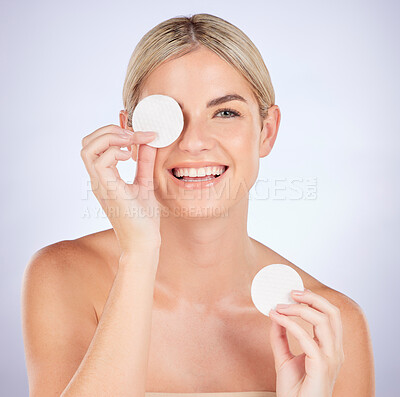 Buy stock photo Skincare, portrait or happy woman with cotton pad for facial cleaning, beauty self care routine or cosmetology. Cosmetics face, studio smile or person with makeup removal product on white background