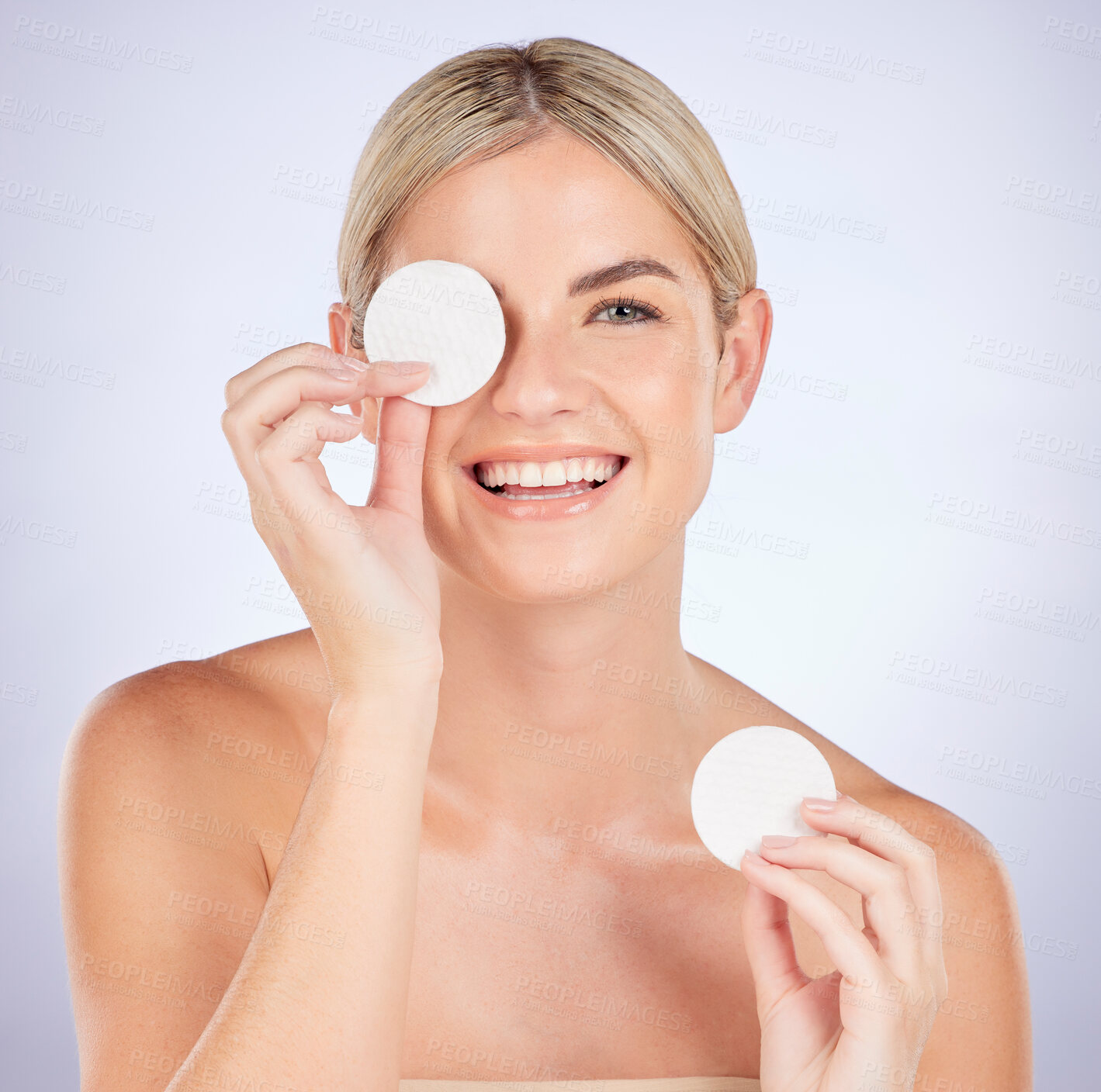 Buy stock photo Skincare, portrait or happy woman with cotton pad for facial cleaning, beauty self care routine or cosmetology. Cosmetics face, studio smile or person with makeup removal product on white background