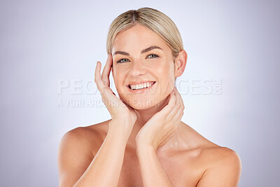 Buy stock photo Beauty, portrait or happy woman touch soft collagen skin, check skincare glow or facial cosmetic routine. Studio face, anti aging happiness or person smile for makeup foundation on white background