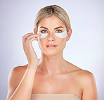 Skincare, studio portrait and woman with face mask for facial hydration, beauty care or collagen glow. Anti aging product, cosmetic repair benefits or person with under eye patch on purple background
