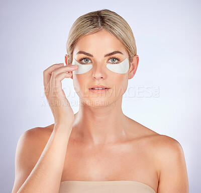 Buy stock photo Skincare, portrait and woman with eye patch for facial hydration, beauty care or collagenwhite
 glow. Anti aging product, cosmetic repair benefits or person with studio face mask on white background