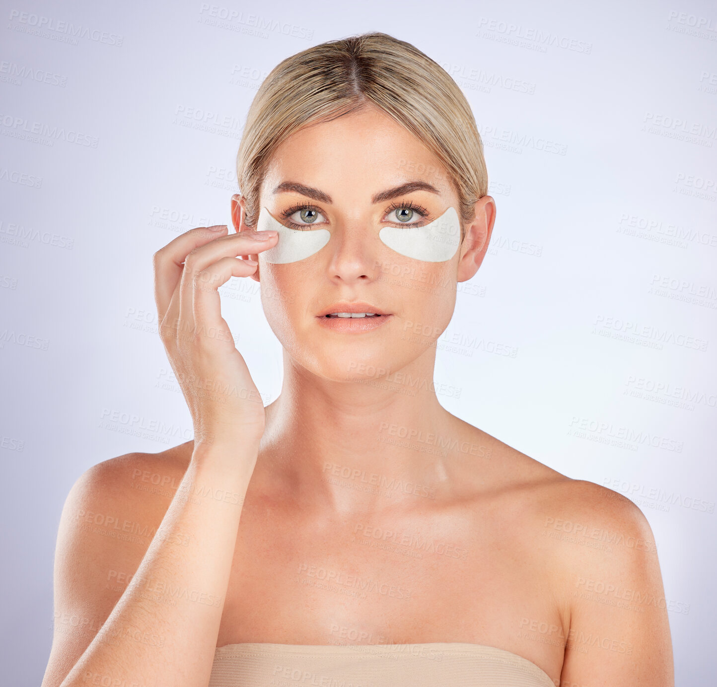 Buy stock photo Skincare, portrait and woman with eye patch for facial hydration, beauty care or collagenwhite
 glow. Anti aging product, cosmetic repair benefits or person with studio face mask on white background