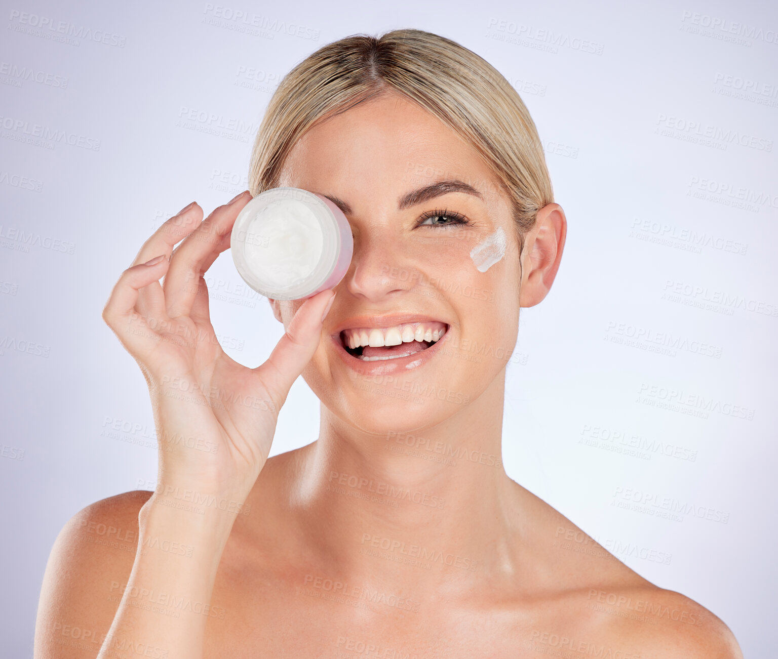 Buy stock photo Skincare portrait, happiness and woman with cream container for facial hydration, anti aging or collagen shine. Face lotion, studio or female model with melasma prevention product on white background