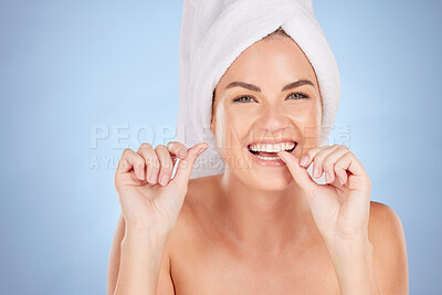Dental, portrait and happy woman floss teeth for morning self care, bathroom routine or gum protection. Tooth enamel care, face and person cleaning mouth for oral hygiene health on studio background