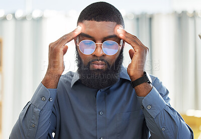 Buy stock photo Business, stress and black man with a headache, burnout and audit deadline with health problem, overworked and painful. Male person, employee and agent with a migraine, medical issue and emergency