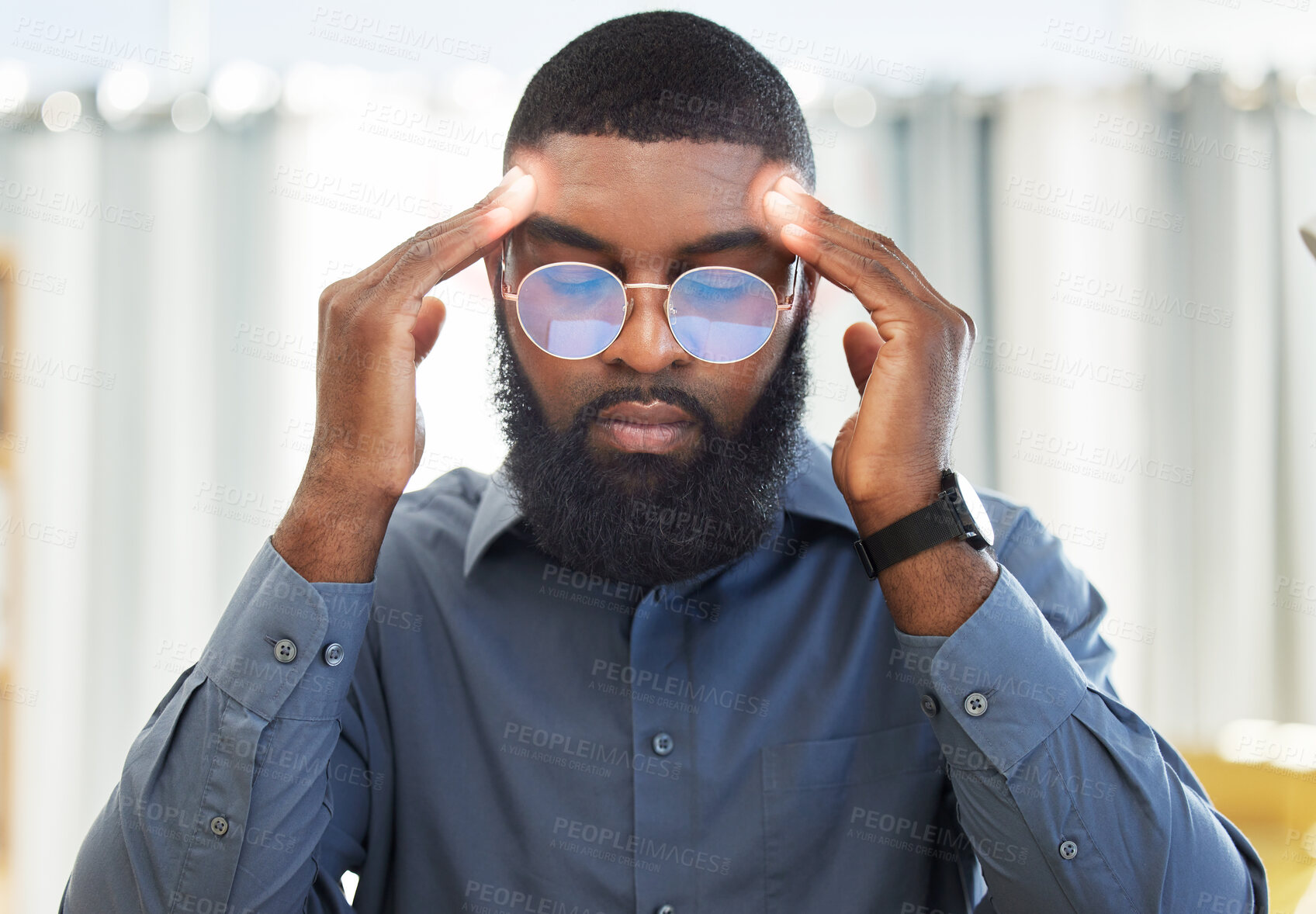 Buy stock photo Business, stress and black man with a headache, burnout and audit deadline with health problem, overworked and painful. Male person, employee and agent with a migraine, medical issue and emergency