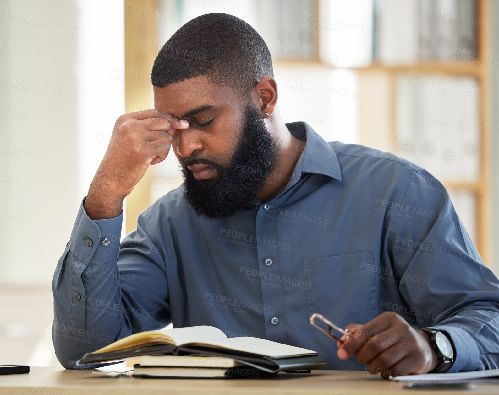 Buy stock photo Corporate, stress and black man with a headache, burnout and audit deadline with health problem, overworked and fatigue. Male person, tired and employee with a migraine, medical issue and emergency