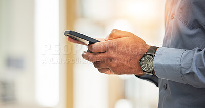 Buy stock photo Hands, business man and search smartphone with social network, mobile website and internet contact. Closeup of office worker,  cellphone user and reading corporate news app while typing information