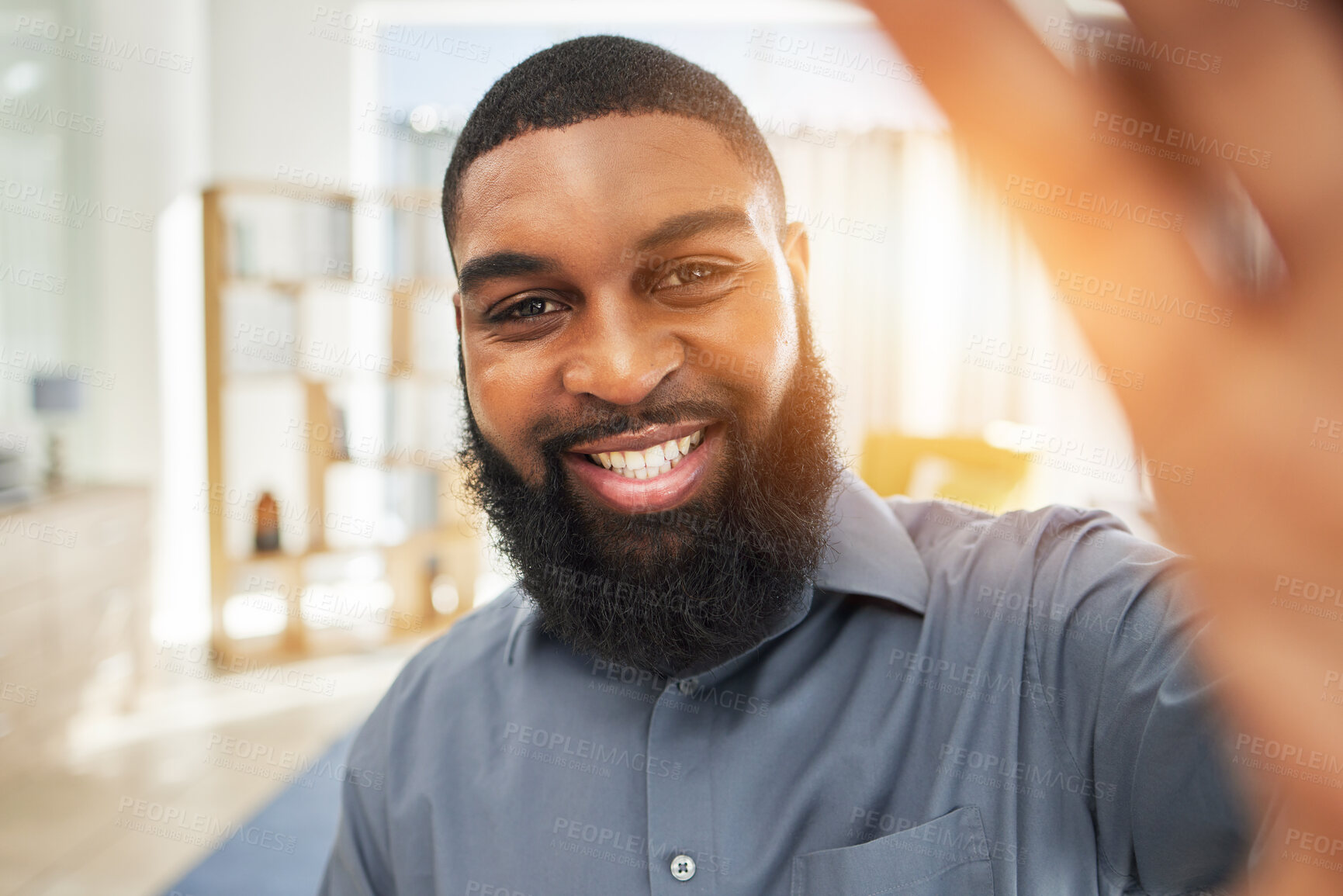 Buy stock photo Black man, business and selfie with a smile on face of an influencer person at work. Portrait of an African guy or entrepreneur with job satisfaction and pride for social media profile picture update