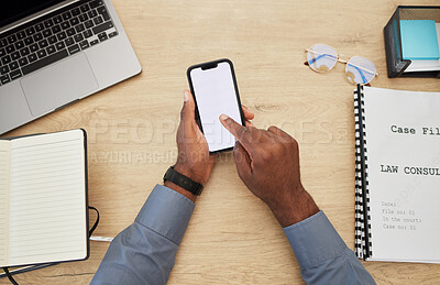 Buy stock photo Top view business and hands with a smartphone screen, typing and law consultant with planning, check schedule and website information. Male person, employee or cellphone with mobile app or connection