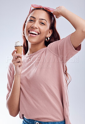 Buy stock photo Happy, ice cream and portrait of woman with sunglasses in studio with dessert, snack and sweet treats. Fashion, smile and face of female person with cone in trendy accessories, style and cosmetics