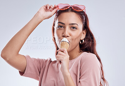 Buy stock photo Fashion, ice cream and portrait of woman with cone in studio with dessert, snack and sweet treats. Happy, fashion and face of female person with sunglasses in trendy accessories, style and cosmetics