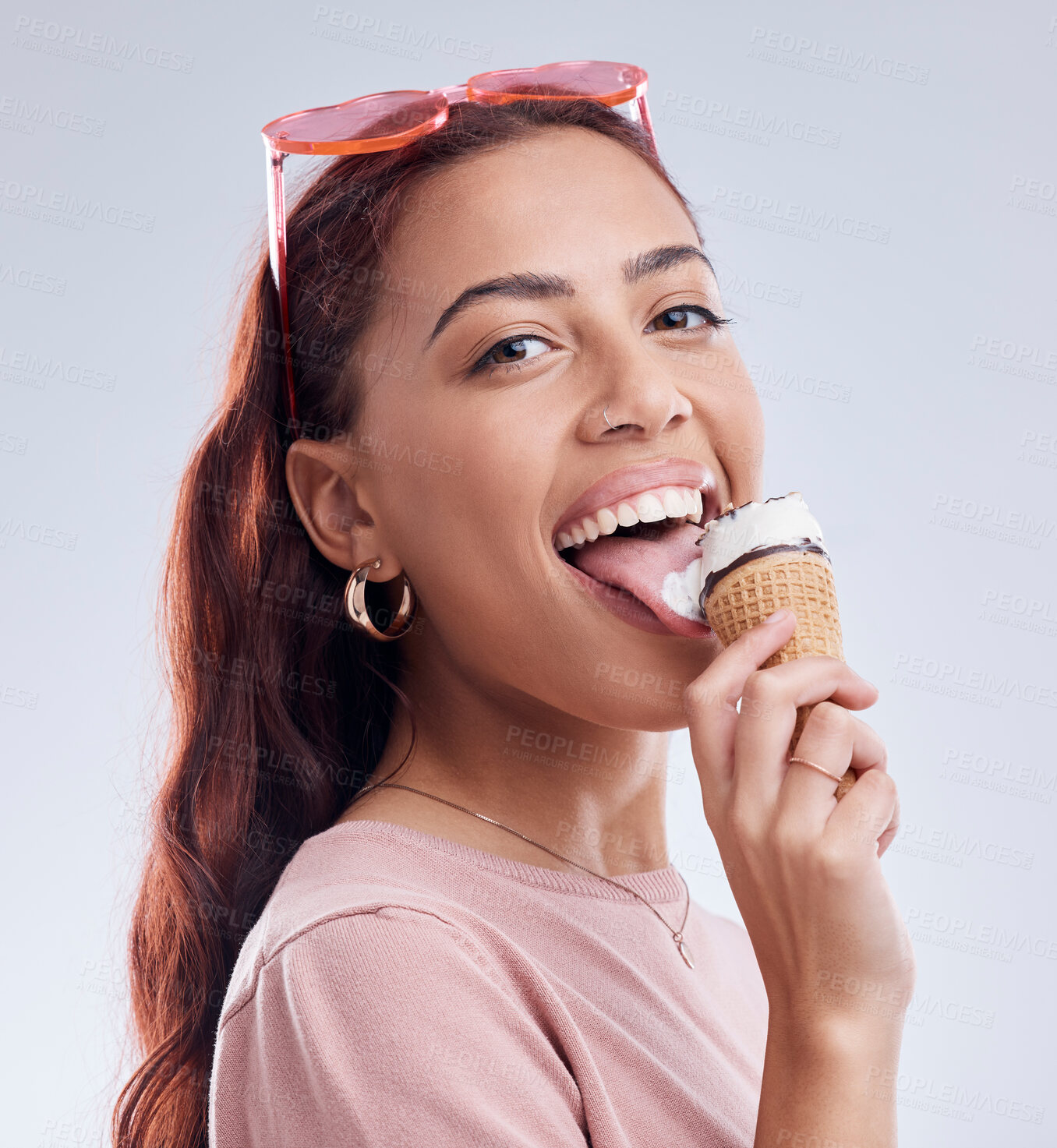 Buy stock photo Summer, ice cream and portrait of woman with smile in studio with dessert, snack and sweet treats. Happy, sunglasses and face of female person with cone in trendy accessories, style and cosmetics