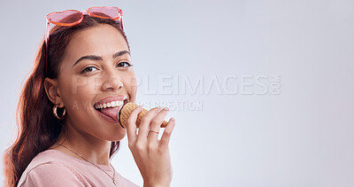 Buy stock photo Mockup, ice cream and portrait of woman with sunglasses in studio with dessert, snack and sweet treats. Happy, summer and face of female person with cone in trendy accessories, style and cosmetics