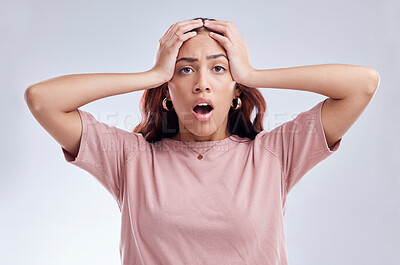 Buy stock photo Mistake, wow and young woman in studio with hand on head for anxiety, stress or panic. Portrait of a shocked female model person on a white background with gossip, bad news and problem or fail