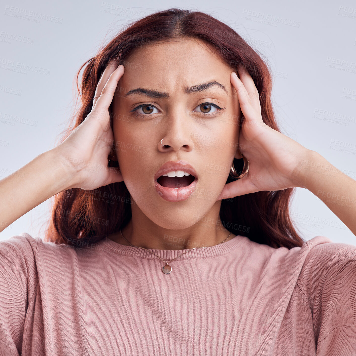 Buy stock photo Wow, mistake and young woman in studio with hand on head for anxiety, stress or panic. Portrait and face of a shocked female model person on a white background with doubt, worry and problem or fail