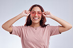 Woman, portrait and fashion sunglasses with smile, vision and retro isolated on white background. Happy female person, gen z and funky style, vintage and cool eyewear with stylish accessory in studio