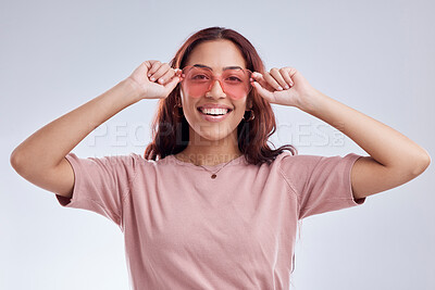 Buy stock photo Woman, portrait and fashion sunglasses with smile, vision and retro isolated on white background. Happy female person, gen z and funky style, vintage and cool eyewear with stylish accessory in studio