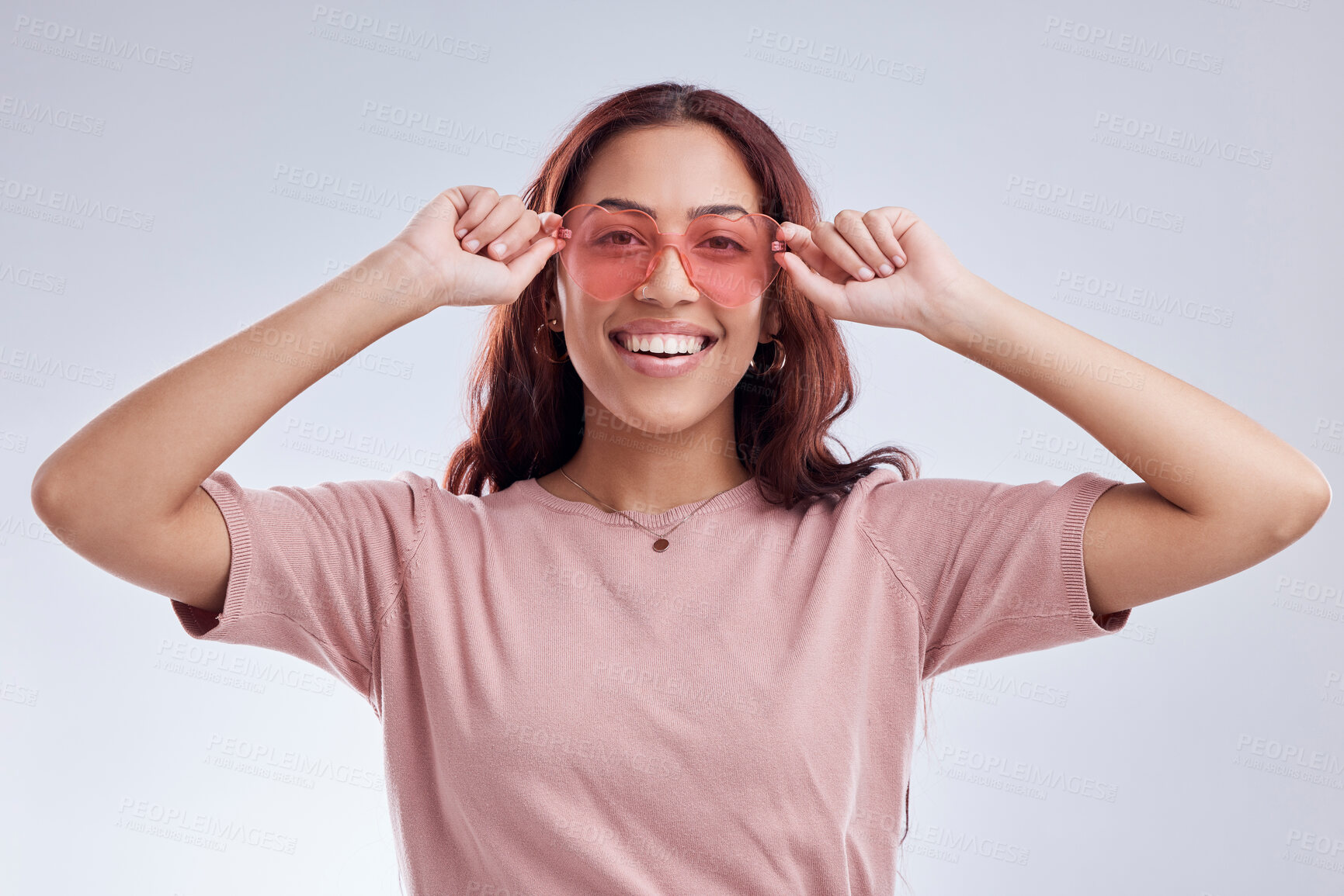 Buy stock photo Woman, portrait and fashion sunglasses with smile, vision and retro isolated on white background. Happy female person, gen z and funky style, vintage and cool eyewear with stylish accessory in studio