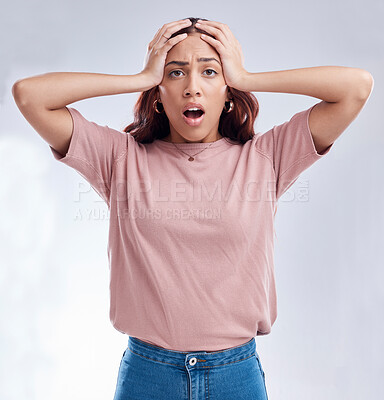 Buy stock photo Woman with hands on head, surprise and stress, reaction in portrait with disaster isolated on white background. Crisis, mistake and fail, female person with problem and wow expression in a studio