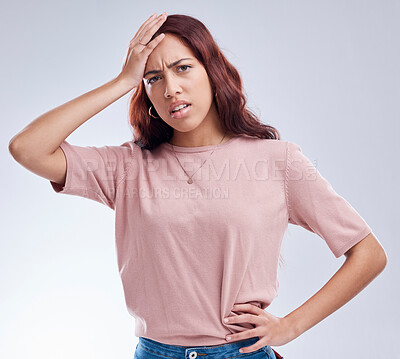 Buy stock photo Regret, mistake and young woman in studio with hand on head for anxiety, stress or panic. Portrait of a frustrated female model person on a white background with doubt, stress and problem or fail