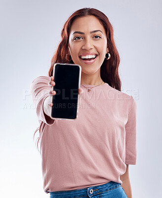 Buy stock photo Woman in portrait, phone screen with mockup and advertising, mobile app ads on white background. Website promo, logo design marketing and female brand ambassador with social media branding in studio