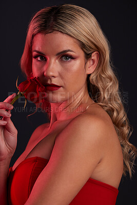 Buy stock photo Portrait, beauty and rose with a model woman in studio on a dark background for valentines day. Face, skincare or flower with a young female person posing in red for natural feminine confidence