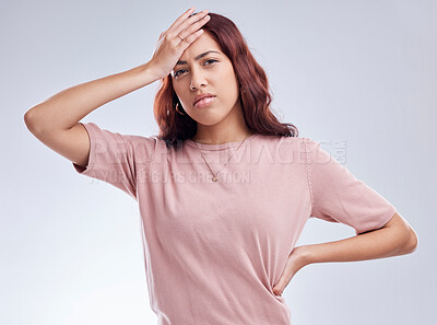 Buy stock photo Mistake, regret and young woman in studio with hand on head for anxiety, stress or panic. Portrait of a female model person on a white background with doubt, negative mindset and problem or fail