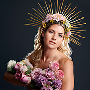 Woman, spring goddess and studio portrait with flowers, beauty or ...