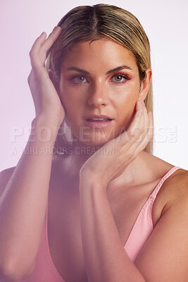Buy stock photo Cosmetic, makeup and portrait of woman in a studio with a natural, glamour and luxury face routine. Beauty, attractive and female model from Canada with facial cosmetology isolated by pink background