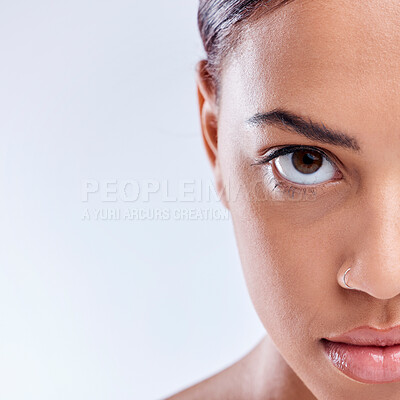 Buy stock photo Portrait, mockup or woman with natural beauty or wellness in studio isolated on white background. Dermatology, advertising space or face of girl model with facial skincare cosmetics or glowing shine