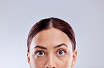 Half face, beauty and skincare of woman in studio isolated on a white background mockup space. Portrait, natural and model with cosmetics in facial treatment for healthy skin, aesthetic and wellness