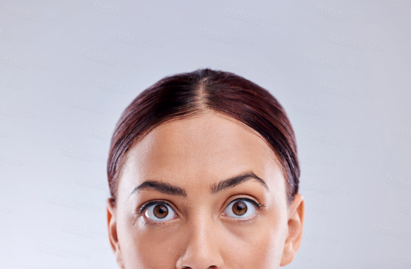 Buy stock photo Half face, beauty and skincare of woman in studio isolated on a white background mockup space. Portrait, natural and model with cosmetics in facial treatment for healthy skin, aesthetic and wellness