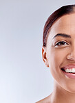 Portrait, mockup or happy woman with natural beauty or wellness in studio isolated on white background. Dermatology, advertising space or face of model with facial skincare cosmetics or glowing shine
