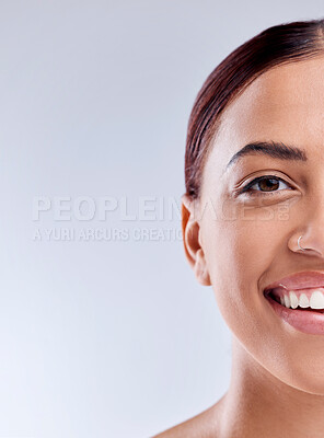 Buy stock photo Portrait, mockup or happy woman with natural beauty or wellness in studio isolated on white background. Dermatology, advertising space or face of model with facial skincare cosmetics or glowing shine