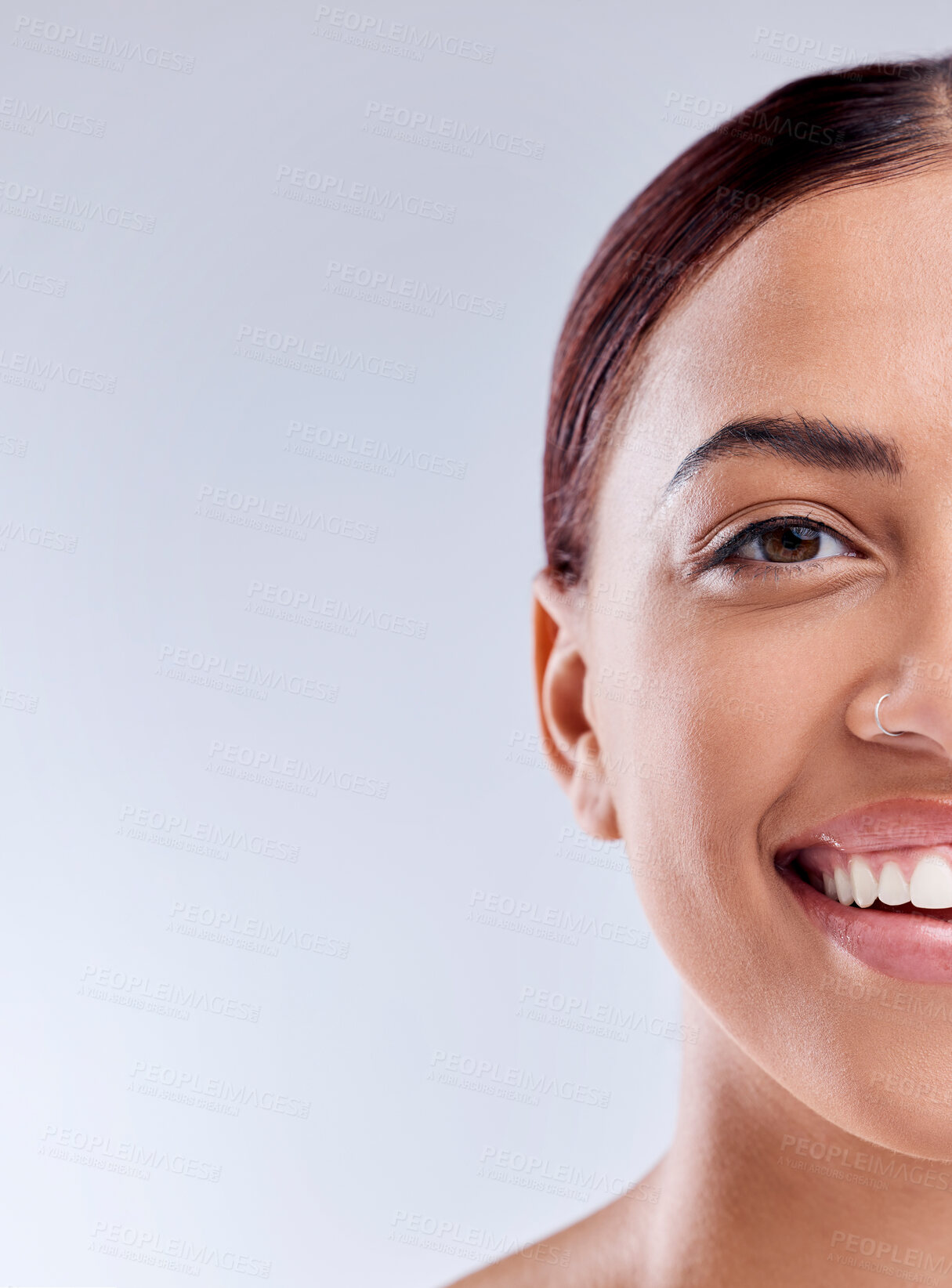 Buy stock photo Portrait, mockup or happy woman with natural beauty or wellness in studio isolated on white background. Dermatology, advertising space or face of model with facial skincare cosmetics or glowing shine