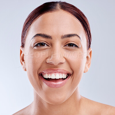 Buy stock photo Portrait, laughing or happy woman with natural beauty or wellness in studio isolated on white background. Confidence, smile or face of funny girl model with facial skincare cosmetics or glowing shine