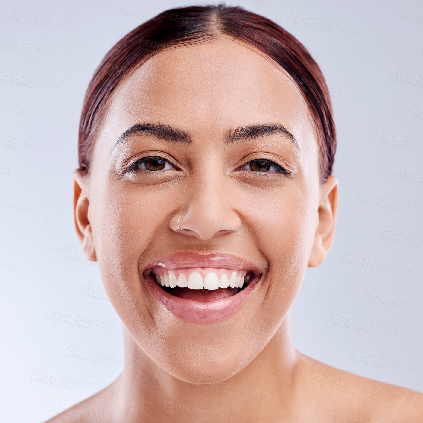 Buy stock photo Portrait, laughing or happy woman with natural beauty or wellness in studio isolated on white background. Confidence, smile or face of funny girl model with facial skincare cosmetics or glowing shine