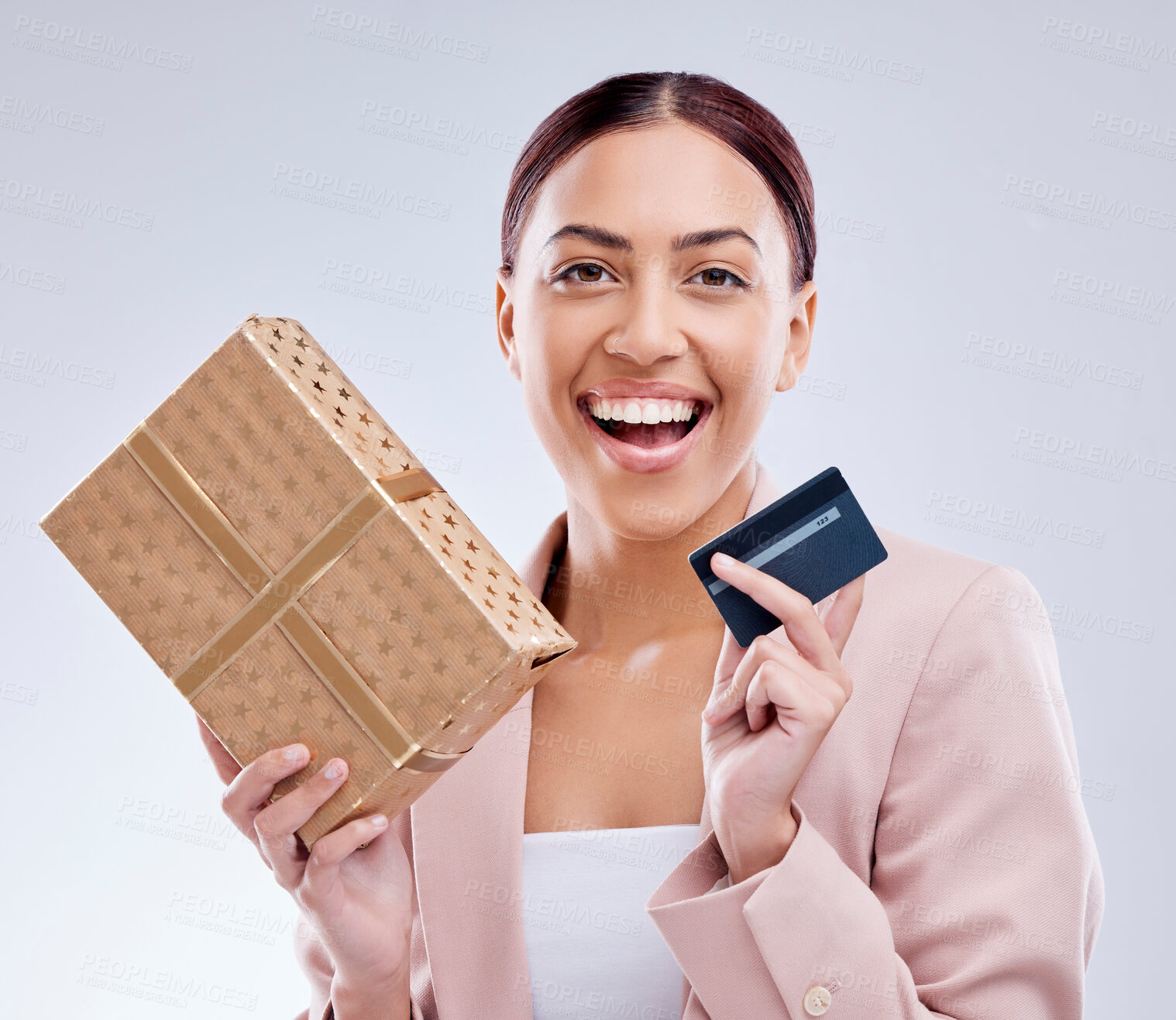 Buy stock photo Woman, credit card and gift box for prize, retail giveaway or payment success on studio white background. Happy person or winner portrait with present, finance bonus and shopping sale and e commerce