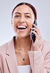 Portrait, phone call and funny woman in communication in studio isolated on a white background. Face, smartphone and happy person in business conversation, talking and laugh at contact in discussion