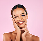 Skincare, cosmetics and portrait of happy woman with makeup, wellness and glow on pink background. Beauty, dermatology and model with smile, luxury facial care and healthy spa aesthetic in studio.