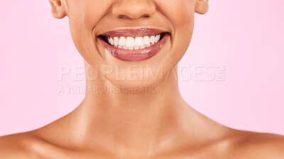 Buy stock photo Woman, teeth and smile, beauty and dental with shine on lips, oral health and veneers isolated on pink background. Female model, orthodontics and wellness, cosmetics and closeup of mouth in studio