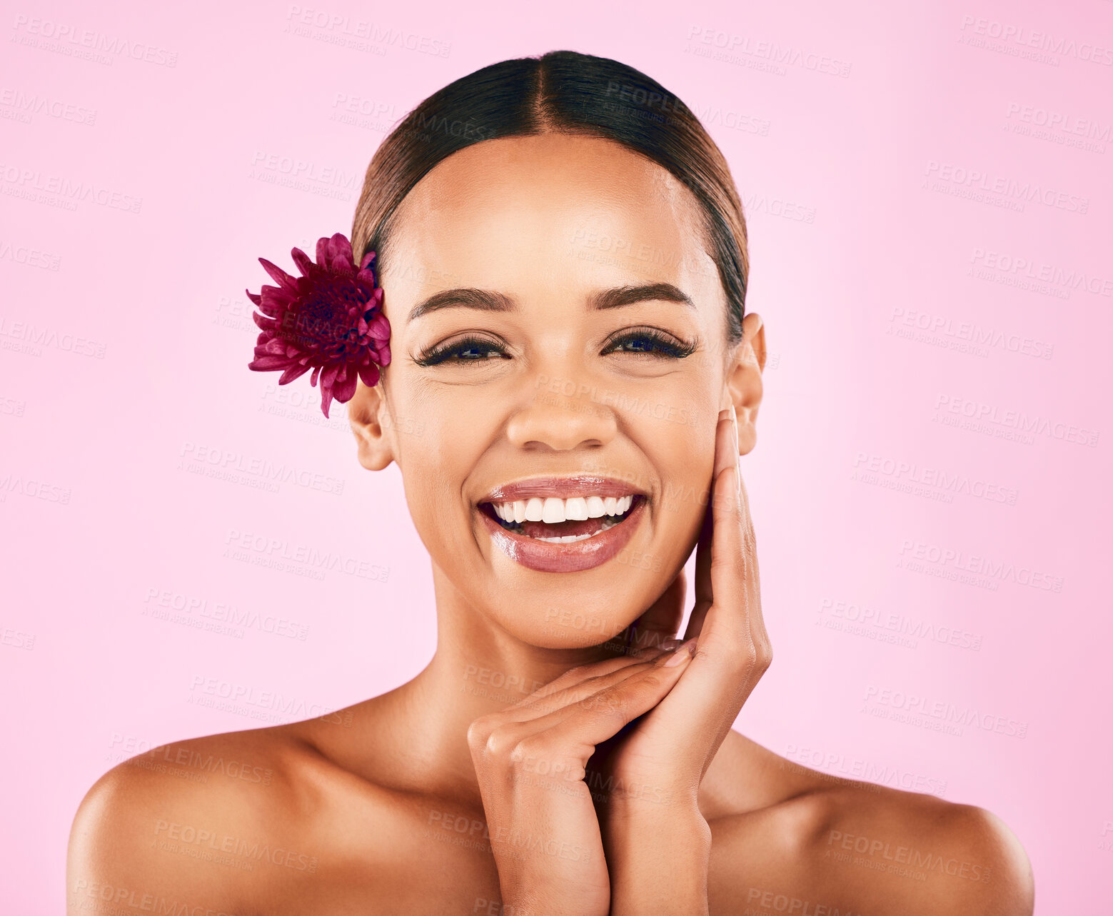 Buy stock photo Natural beauty, flower and portrait of woman with makeup, wellness and skin care glow on pink background. Cosmetics, organic dermatology and model with luxury facial care and healthy spa in studio.