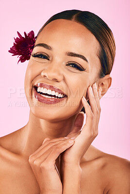 Buy stock photo Natural beauty, flower and portrait of woman with cosmetics, wellness and skin care glow on pink background. Makeup, organic dermatology and model with luxury facial care and healthy spa in studio.