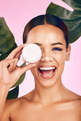 Buy stock photo Beauty, cream and happy portrait of woman with skincare and cosmetics for facial care, dermatology or treatment on background. Face, smile and healthy girl with product, lotion or moisturizer on skin