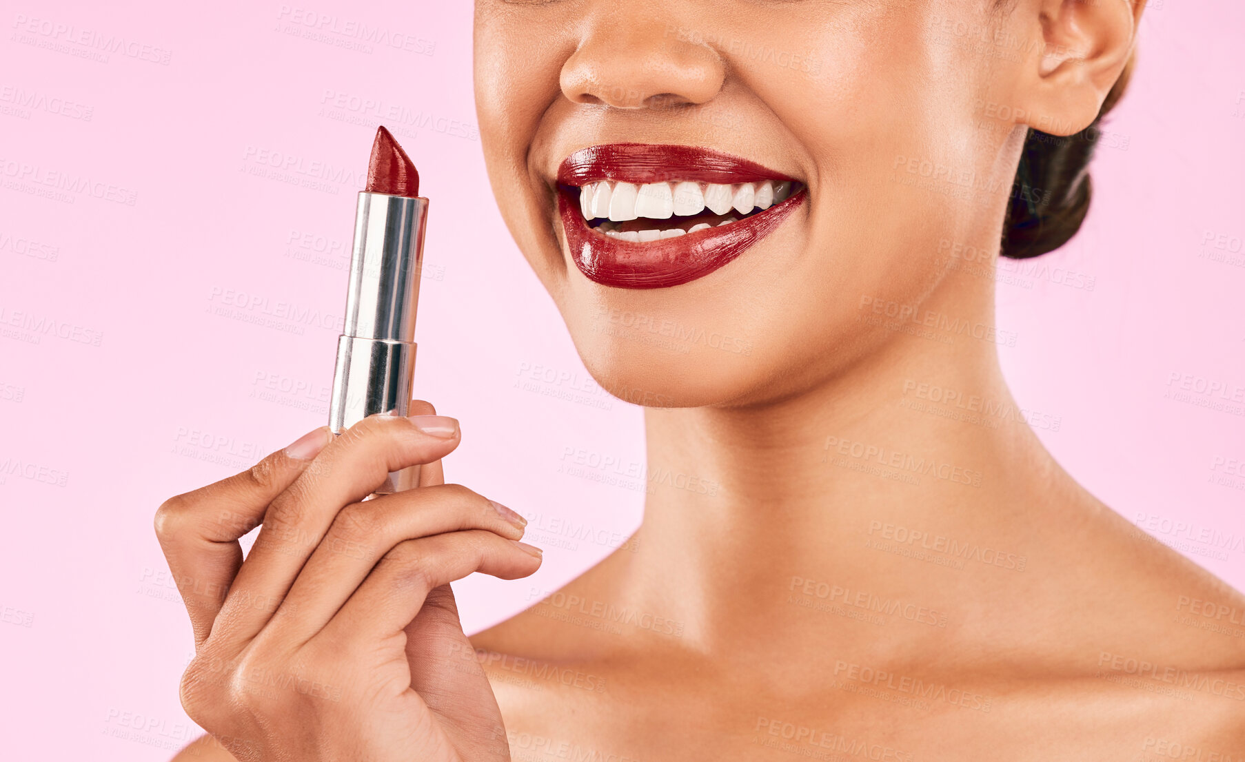 Buy stock photo Lipstick, red lips and woman with smile, beauty and skin with makeup closeup isolated on pink background. Female model, cosmetic product and shine, happiness and cosmetology with glow in studio